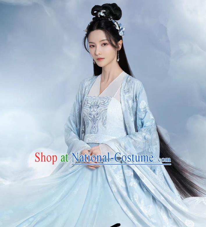 Drama Chong Zi Goddess Shui Ji Clothing China Traditional Hanfu Blue Dresses Ancient Empress Costumes