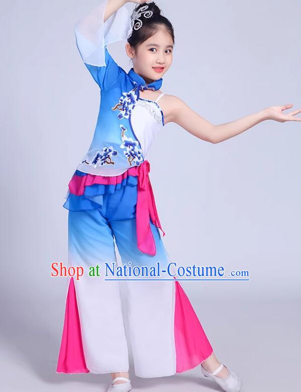 Chinese Children Folk Dance Clothing Yangko Dance Blue Outfit Fan Dance Costumes