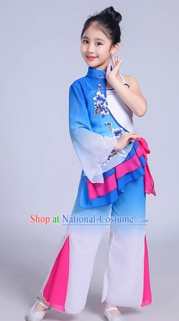 Chinese Children Folk Dance Clothing Yangko Dance Blue Outfit Fan Dance Costumes