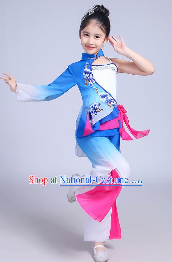 Chinese Children Folk Dance Clothing Yangko Dance Blue Outfit Fan Dance Costumes