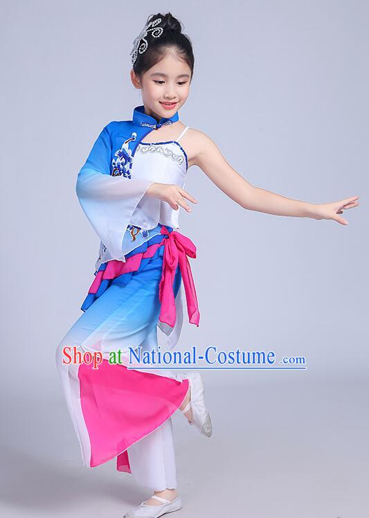 Chinese Children Folk Dance Clothing Yangko Dance Blue Outfit Fan Dance Costumes