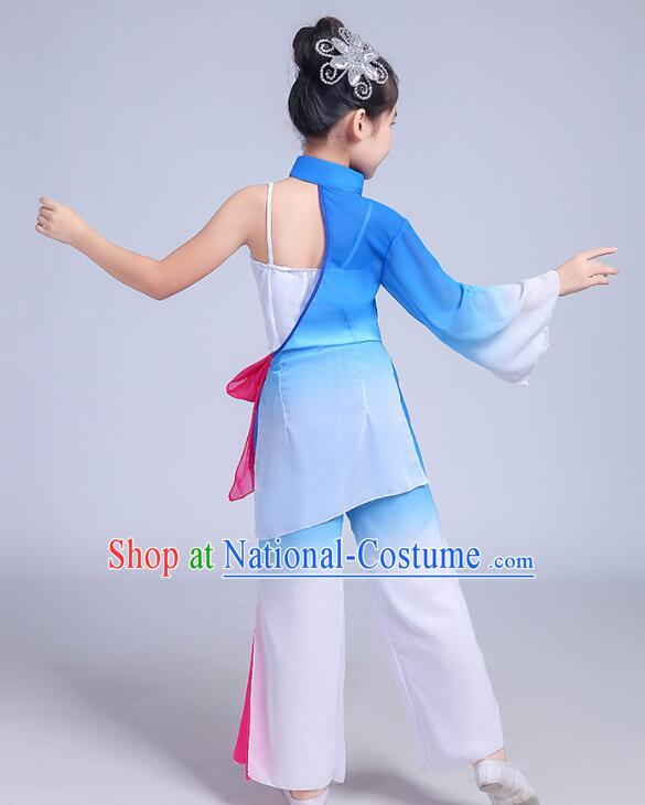 Chinese Children Folk Dance Clothing Yangko Dance Blue Outfit Fan Dance Costumes