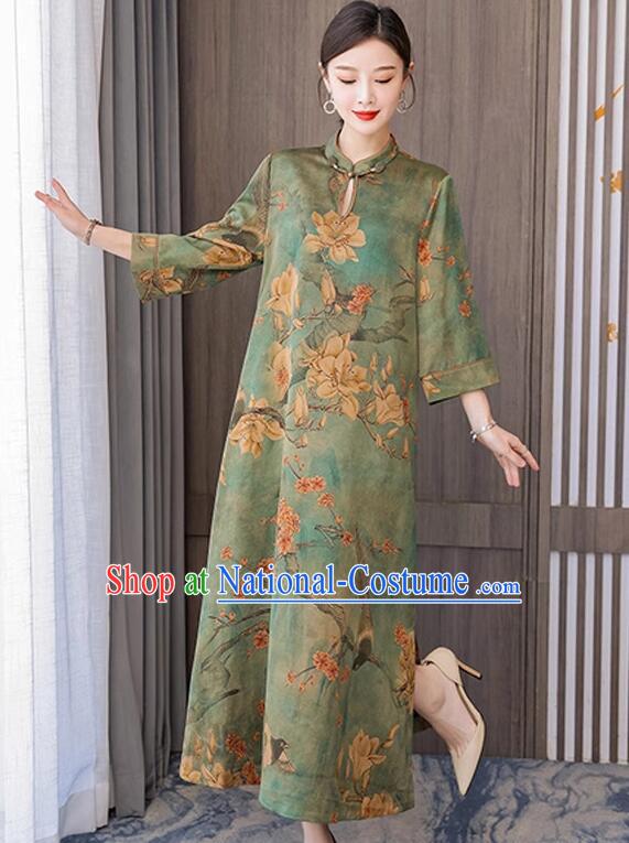 China Magnolia Pattern Cheongsam Traditional Clothing Oversize Green Dress Classic Qipao