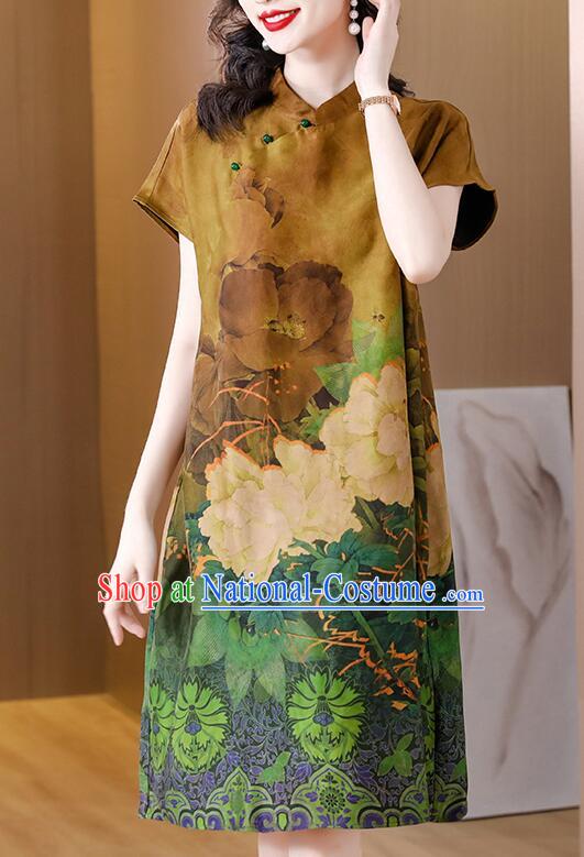 China Classic Qipao Peony Pattern Cheongsam Traditional Clothing Oversize Dress