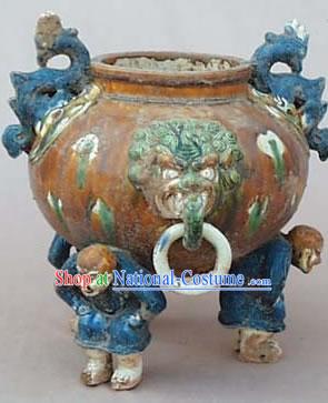 Chinese Classic Archaized Tang San Cai Statue-Three Men Foot Dragon Pot