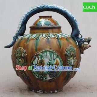 Chinese Classic Archaized Tang San Cai Statue-Dragon Head Shaped Handle Kettle