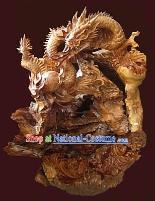 Chinese Hand Carved Wood Sculpture-Double Lucky Dragons Playing Balls