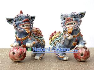 Hand Made Shi Wan Artistic Ceramics Statue-Dancing Lion Pair