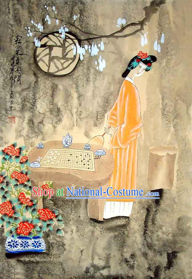 Chinese Traditional Wash Painting-Wise Beauty Playing The Chess