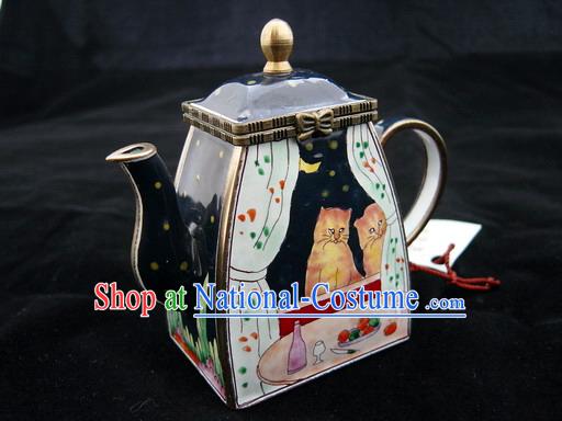 Chinese Hand Painted Enamel Colorful Pot-Lovely Cat Couple