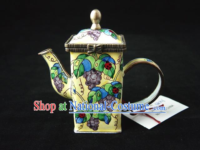 Chinese Hand Painted Enamel Kettle-Ladybird Beetle on Grape Branches and Leaves