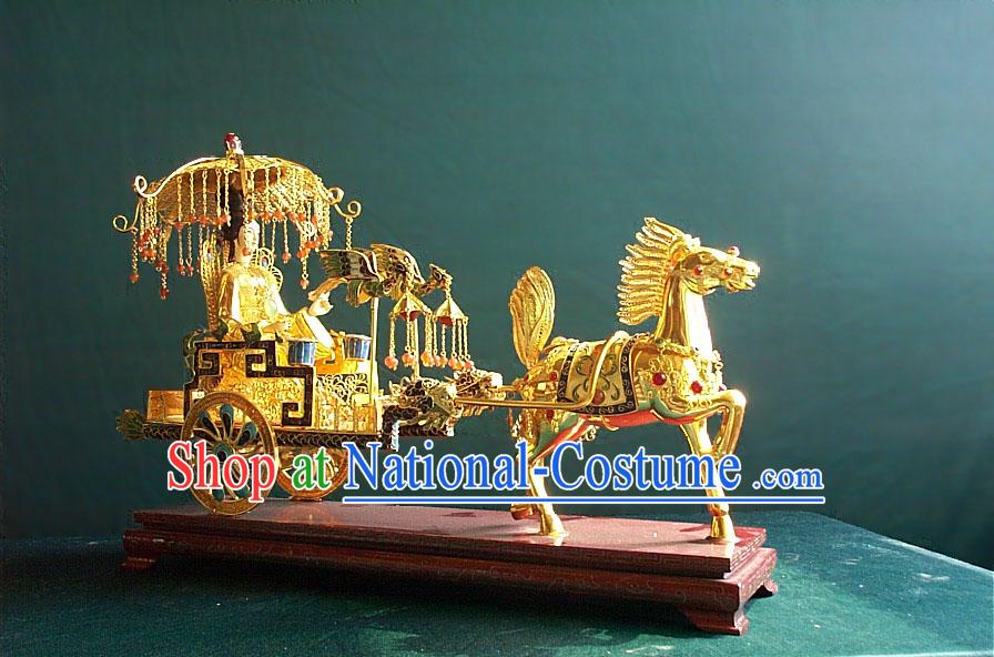 Chinese Stunning Gold Brass Cloisonne Ancient Princess and Carriage Statue