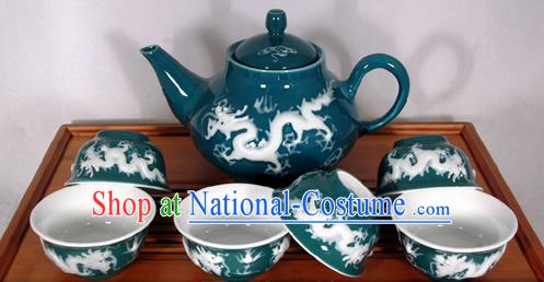 Chinese Jingde Basso Relievo Porcelain Double Draongs Playing Ball Tea Set