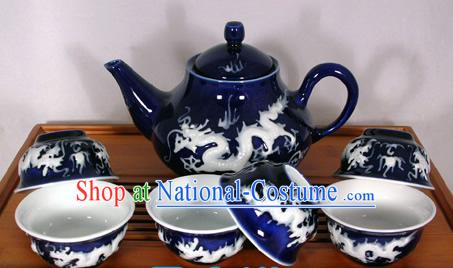 China Jingde Basso Relievo Porcelain Double Draongs Playing Ball Tea Set