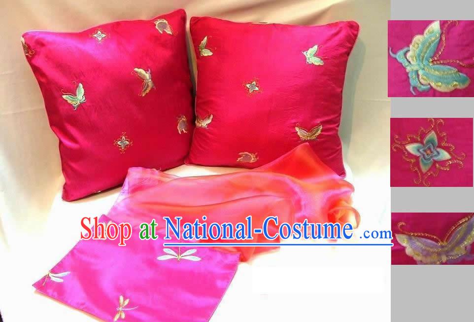 Chinese Hand Embroidery Butterfly Cushion and Table Runner Set