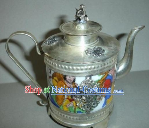 Chinese Tang Dynasty People Silver and Jade Kettle