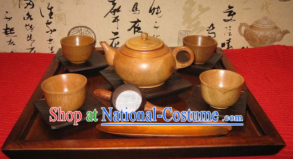 Chinese Hand Made Birch Wooden Tea Set _13 Pieces_