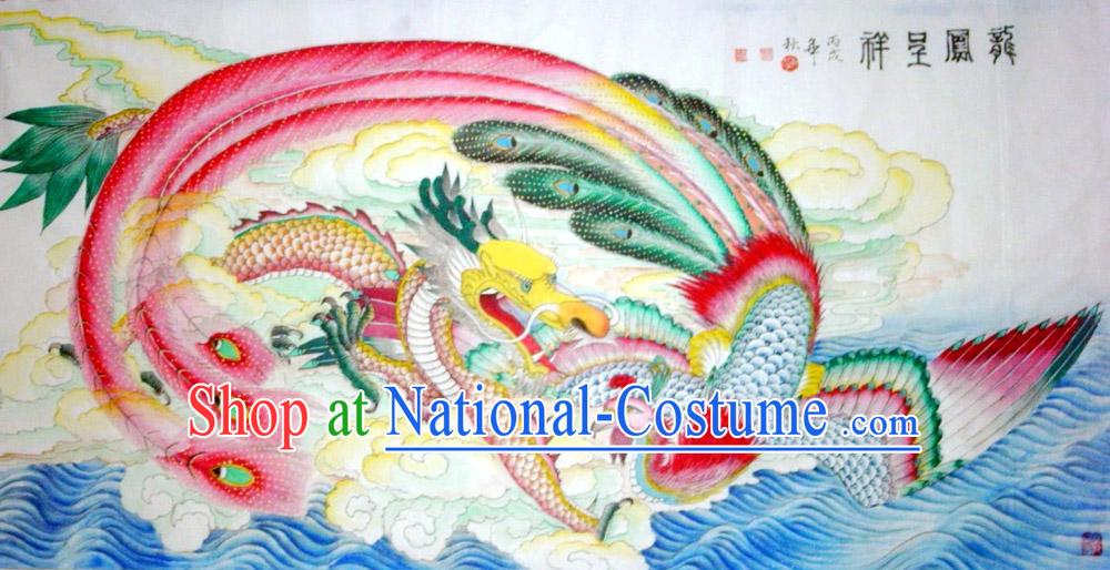 Chinese Traditional Painting with Meticulous Detail-Dragon and Phoenix Love