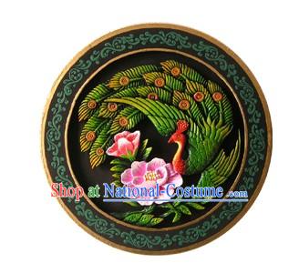 Chinese Hand Carved Healthy Active Carbon Round Plate-Peacock