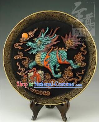 Chinese Hand Carved Healthy Active Carbon Round Plate-Kylin