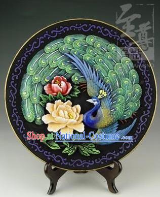 Chinese Hand Carved Healthy Active Carbon Large Round Plate-Peacock