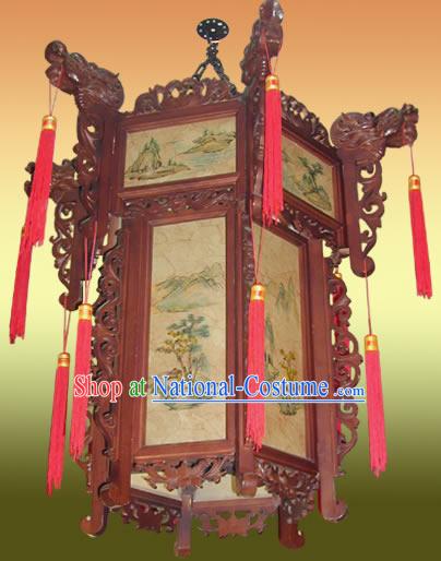 Chinese Classical Two Layers Hand Painted and Carved Palace Landscape Lantern