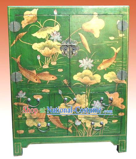 Chinese Classic Green Lotus Carp Cabinet