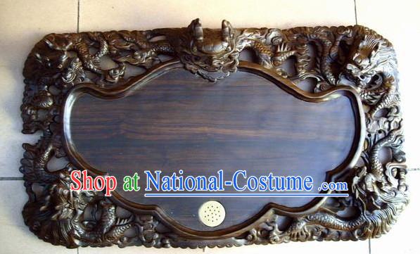 Chinese Hand Carved Natural Ebony Wood Tea Tray-Dragon Gathering