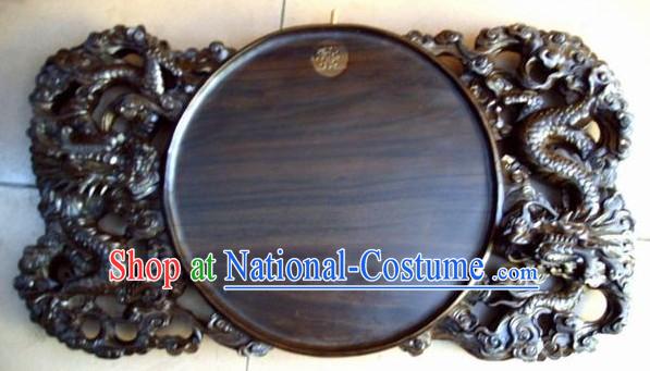 Chinese Hand Carved Ebony Wood Tea Tray-Double Dragons Playing Ball