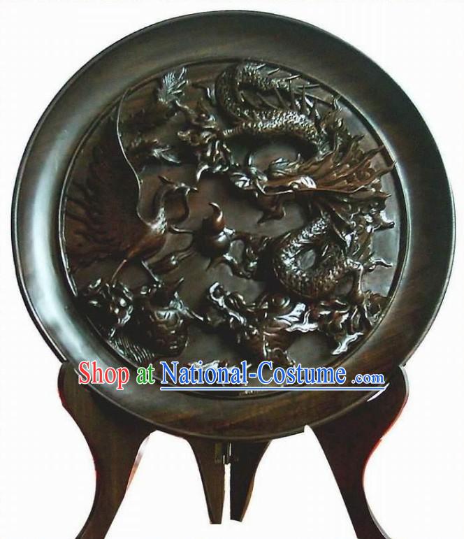 Chinese Hand Carved Ebony Wood Plate-Dragon, Phoenix, Tortoise and Kylin