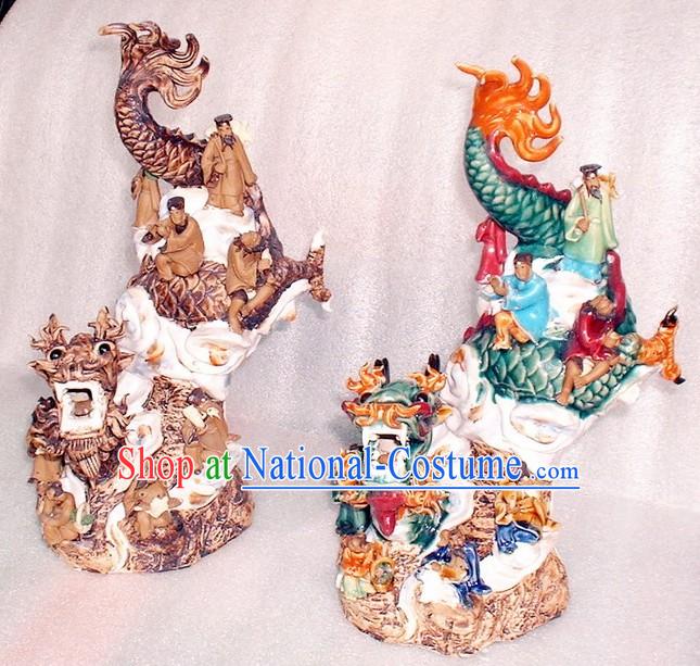 Chinese Classic Shiwan Ceramics Statue-Eight Fairies Crossing Dragon on Dragon