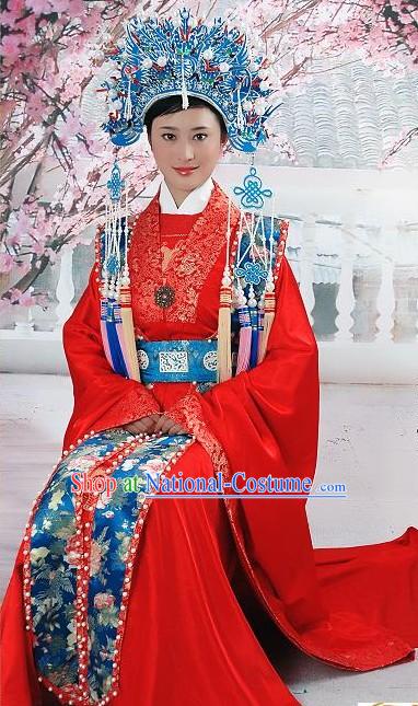 Supreme Chinese Traditional Red Wedding Dress and Phoenix Crown Complete Set