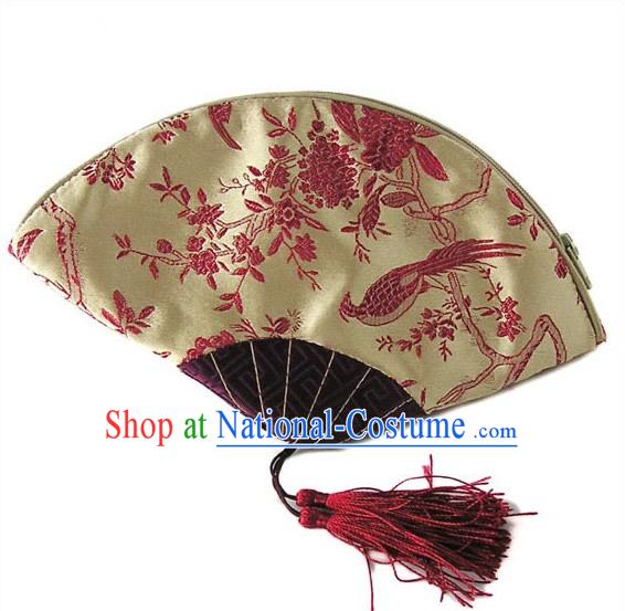 Chinese Traditional Handmade Bird and Flower Fan Shape Banquet Handbag