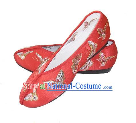 Chinese Traditional Handmade Embroidered Butterfly Satin Shoes _red_