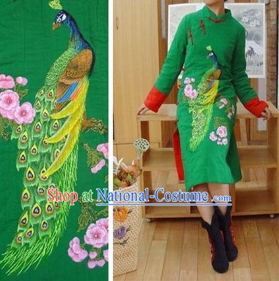 Supreme Chinese Green Hands Painted Peacock Winter Cotton Cheongsam