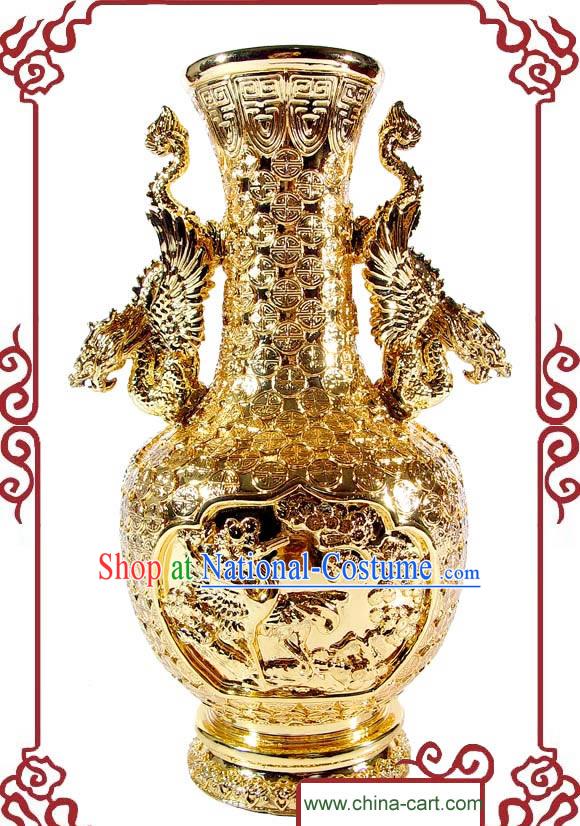 Kai Guang Feng Shui Chinese Golding Dragon and Phoenix Vase _keeping love couple_