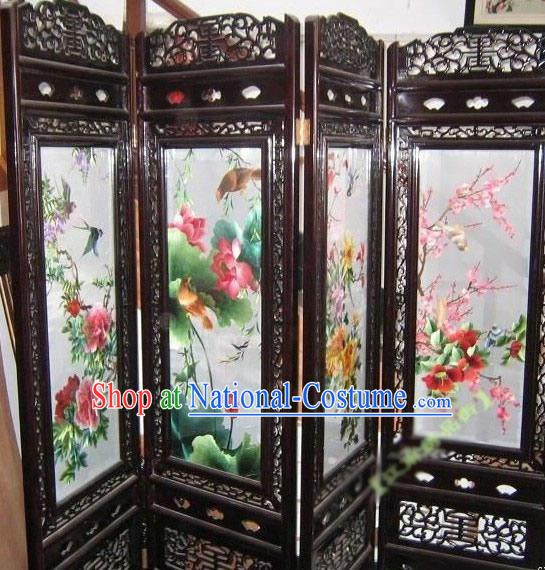 Supreme Chinese Hands Embroidered Four Seasons Folding Screen