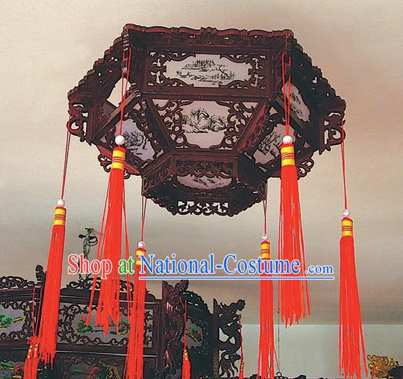 Traditional Chinese Hand Carved Natural Wood Palace Ceiling Lantern