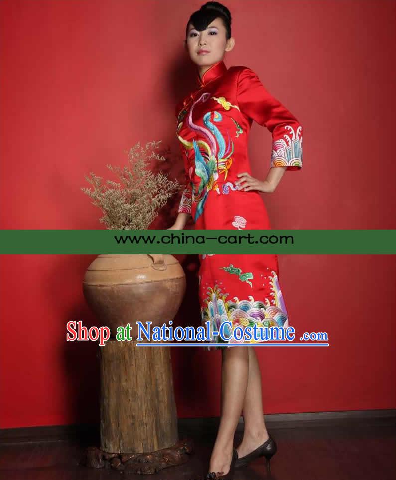 Stunning All Hand Embroidery Phoenix Red Silk Cheongsam _Qipao_