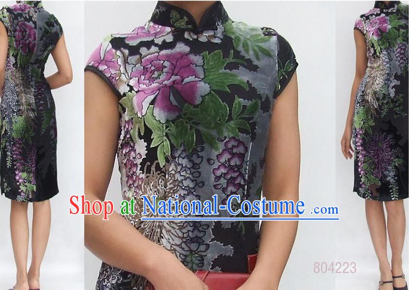 Chinese Traditional Mandarin Peony Silk Cheongsam _Qipao_