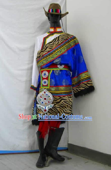 Chinese Traditional Tibet Minority Dance Costume and Hat Complete Set for Men