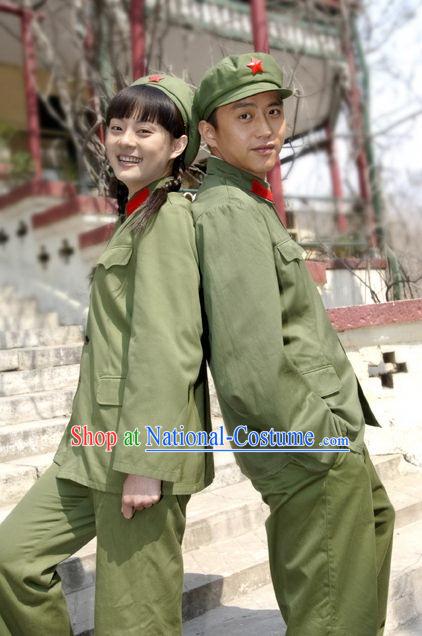 Chinese Red Army Solider Stage Performance Costumes and Hat Complete Set