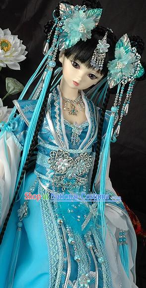 Chinese Ancient Blue Princess Costume and Hair Accessories Complete Set BJD Ancient Chinese Traditional Dress Female