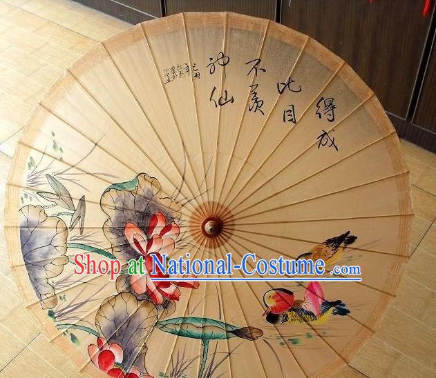 Chinese Painted Mandarin Duck and Peony Painting Umbrellas