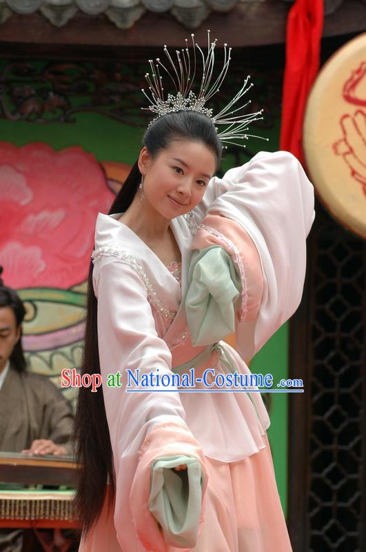 Ancient China Jin Dynasty Chinese Costume Zhu Yingtai Long Sleeve Costumes and Headpiece Set in Butterfly Lovers