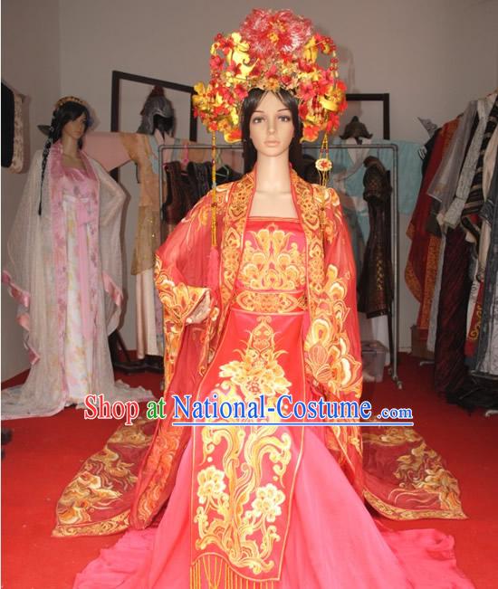 Ancient Chinese Princess Red Palace Wedding Dress and Headpiece Complete Set