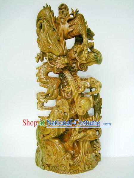 Chinese Handmade Wood Sculpture Collectible - Double Dragons Playing Ball