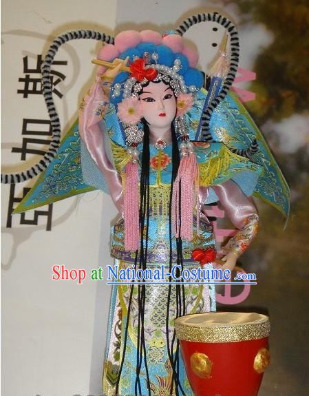 Handmade Peking Silk Figurine Doll - Beijing Opera Drummer Lady and Drum Set