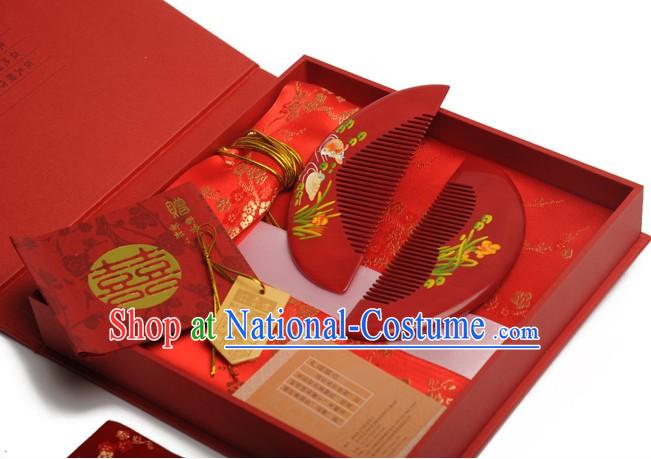 Chinese Carpenter Tan Dragon and Phoenix Combs Wedding Gift Package