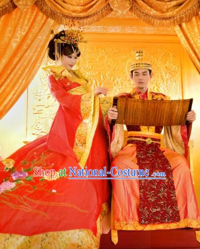 Traditional Chinese Bride and Bridegroom Wedding Dress and Hair Decoration 2 Sets